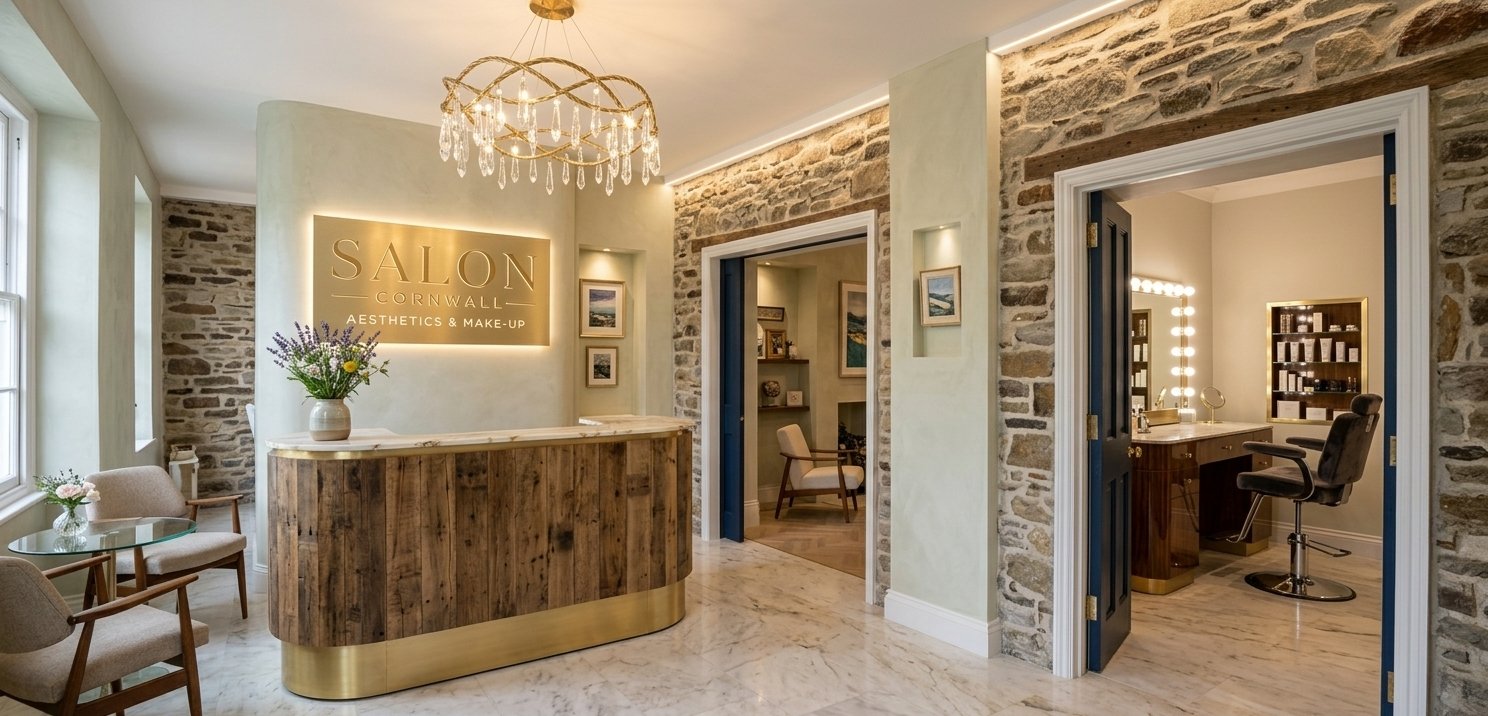 Salon Cornwall reception, stone walls, brass-edged wooden desk and pendant light (concept imagery)